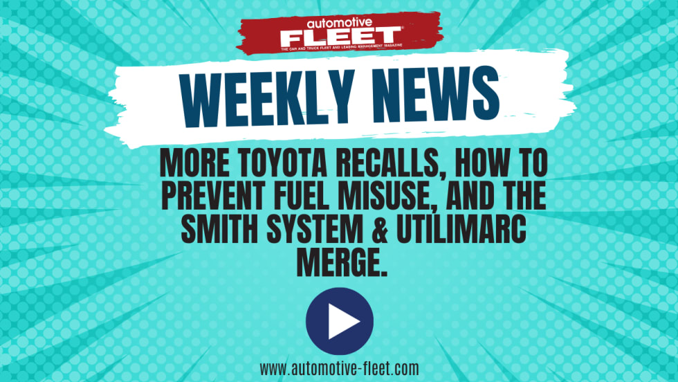 A blue graphic highlights the video series called "AF Weekly News: More Toyota Recalls, How to Prevent Fuel Misuse, and the Smith System & Utilimarc Merge." 