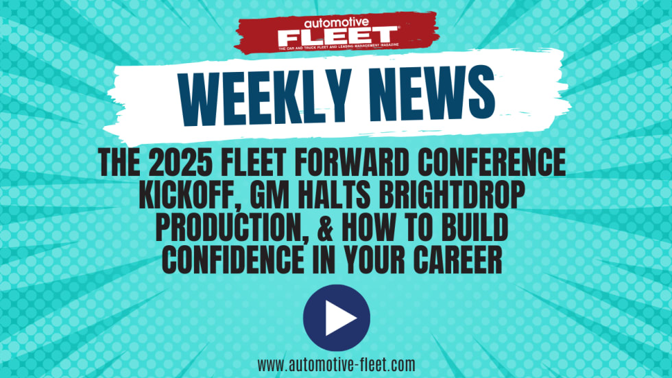 A graphic highlighting Automotive Fleet's weekly news recap, with this week's highlighting the Fleet Forward Conference, fuel updates, and GMs halting of BrightDrop delivery vans.