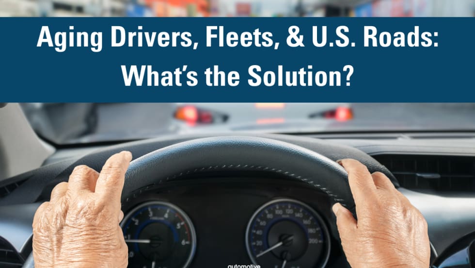 Elderly hands sit on a steering wheel with a caption highlighting safety concerns for elderly drivers.