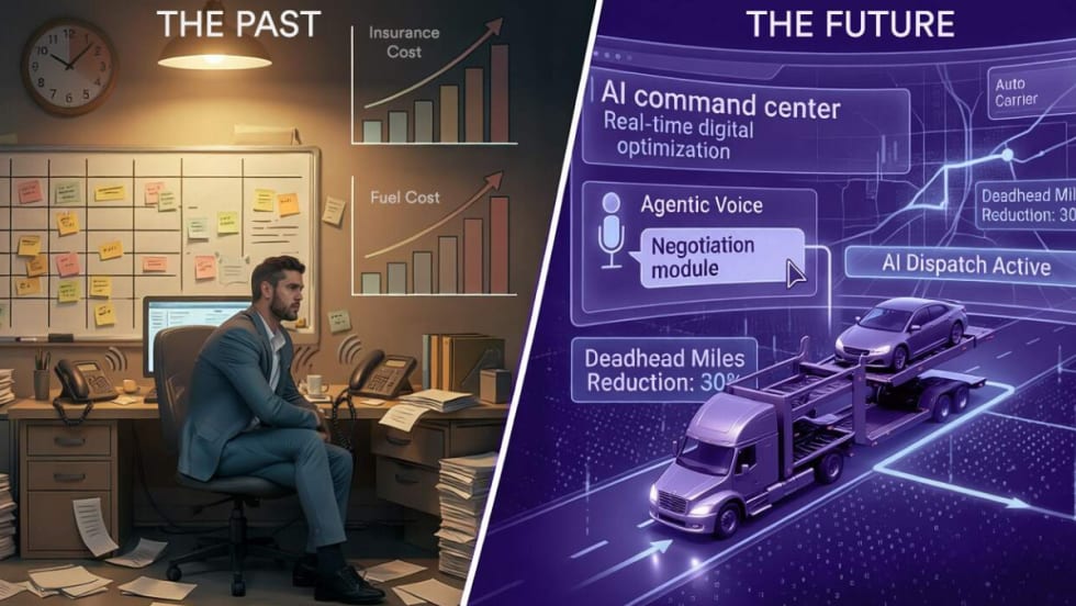A manual, traditional logistics dispatch center versus a futuristic AI-driven illustrative diagram of a future logistics operation.