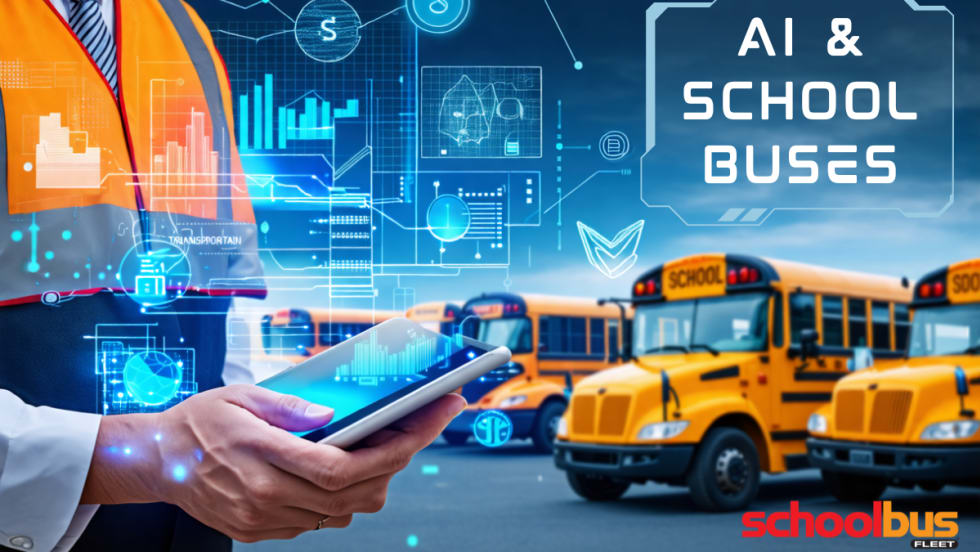 An image of a school transportation director holding a tablet, displaying data symbols overlayed, with several school buses visible in the background.