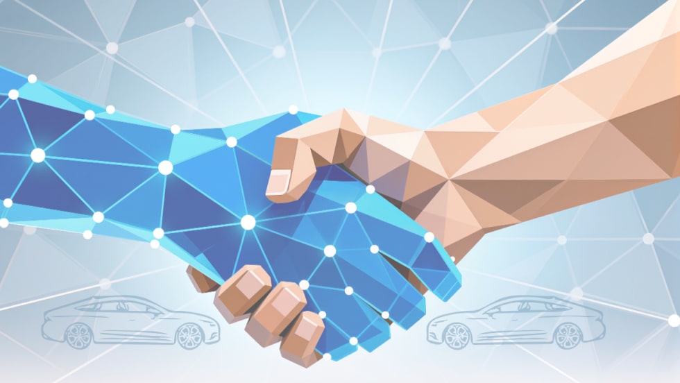 AI hand and human hand shaking hands