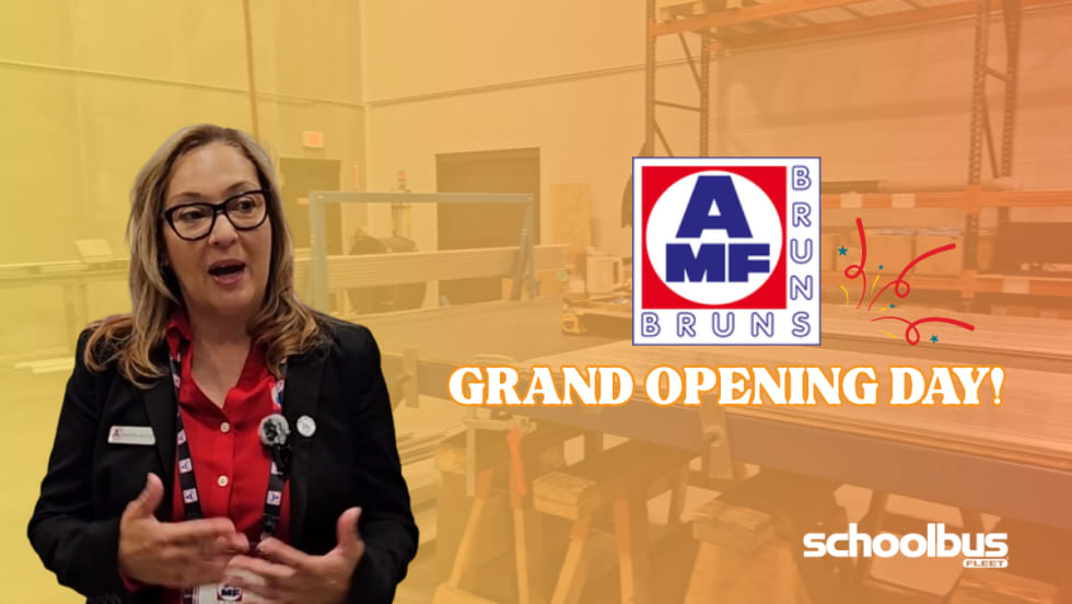 Thumbnail image of AMF Bruns grand opening video featuring Maritza Valentin speaking in a manufacturing space, with company logo and “Grand Opening Day!” text overlay