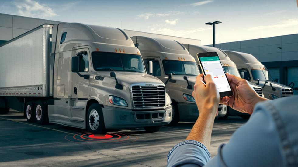 Illustration of technician using Aperia app to identify truck with tire issues