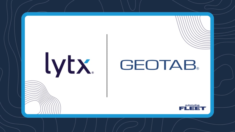 A blue and white graphic with Lytx and Geotab logos.