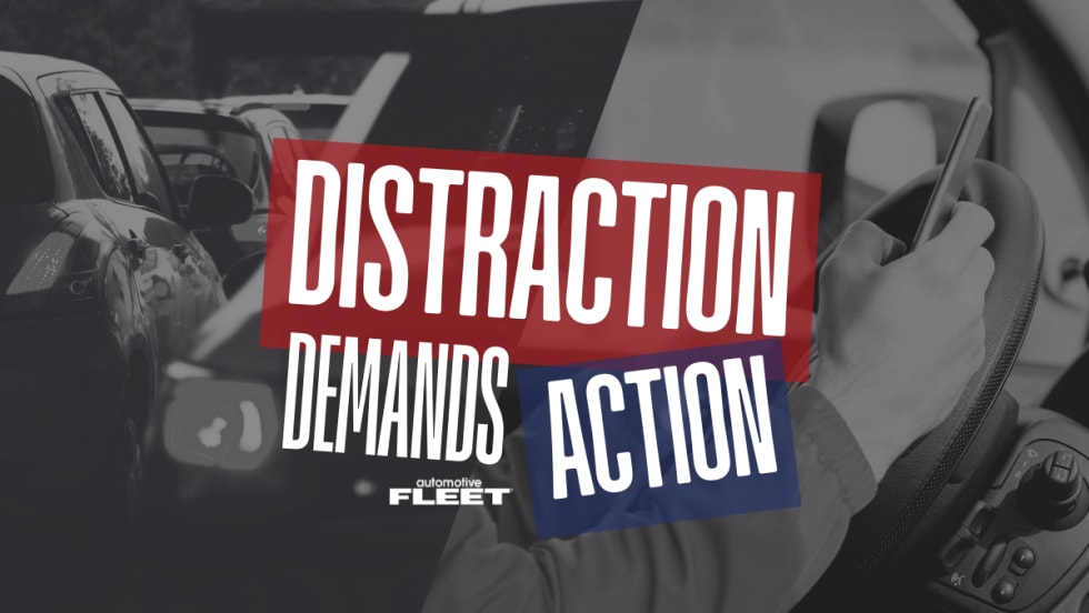 An image of traffic and someone using a mobile phone while driving with text reading "Distraction Demands Action".