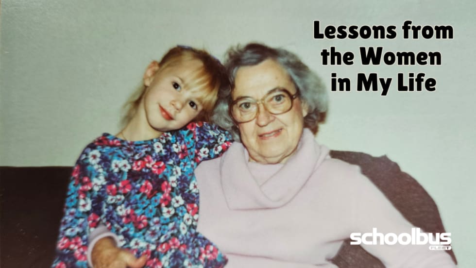 old photo of amanda huggett with her grandma, both sitting on a brown couch, with text that says "lessons from the women in my life"