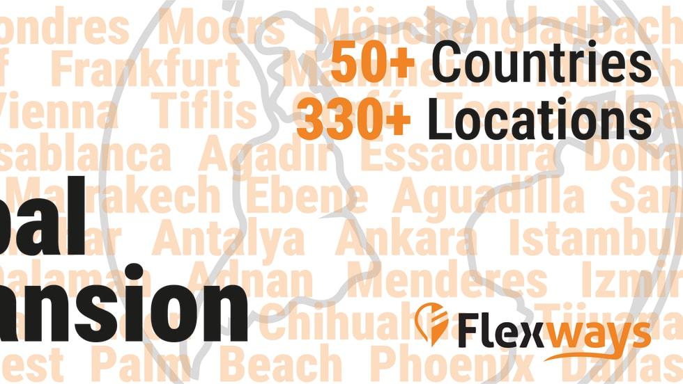 An orange banner photo representing Flexways global reach has the title "Global Expansion" in bold lettering.