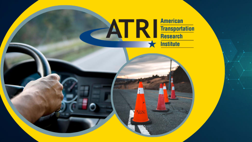 Graphic with truck driver, safety cones, ATRI logo