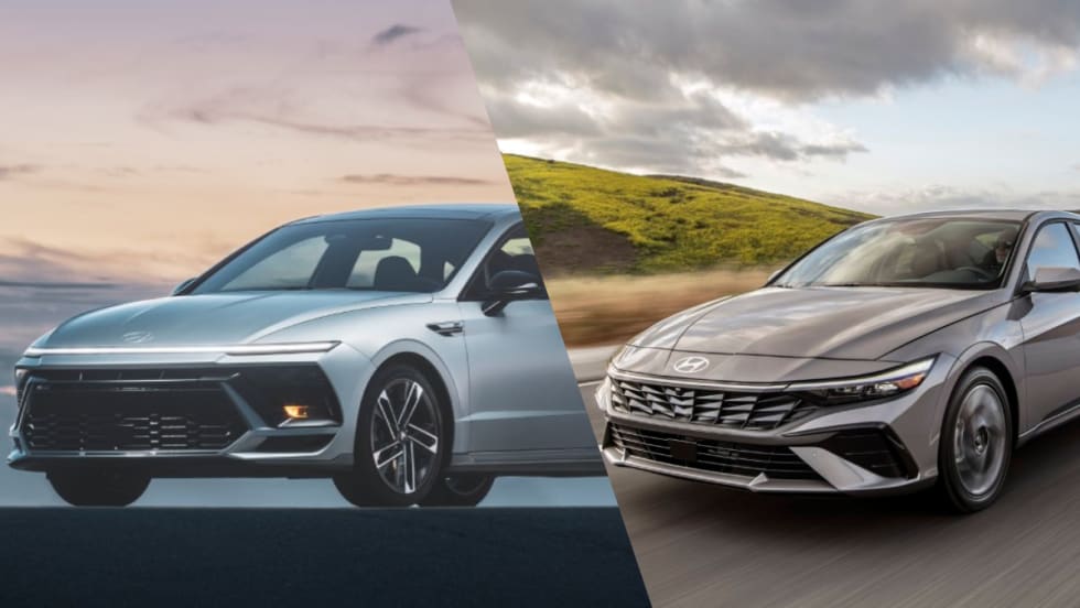 A split image of the 2025 Hyundai Elantra and Sonata.