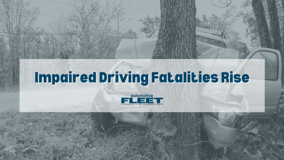 The background shows the front end of a car crashed into a tree, the foreground reads "Impaired Driving Fatalities Rise".