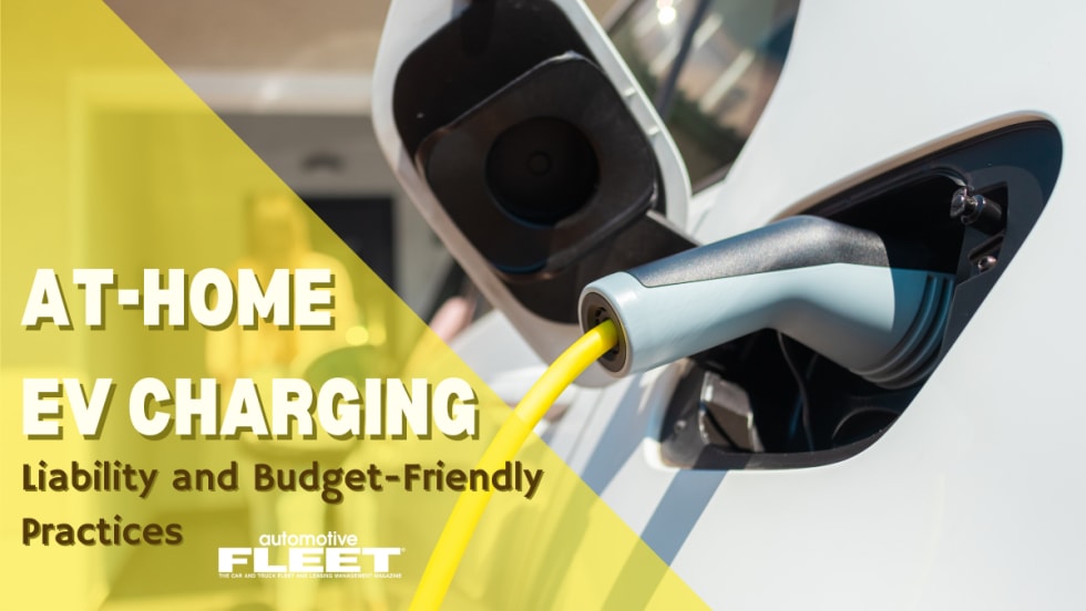Yellow graphic with text saying, "At-Home EV Charging, Liability and Budget-Friendly Practices" overlayed on an image of a white electric car charging in front of a house.