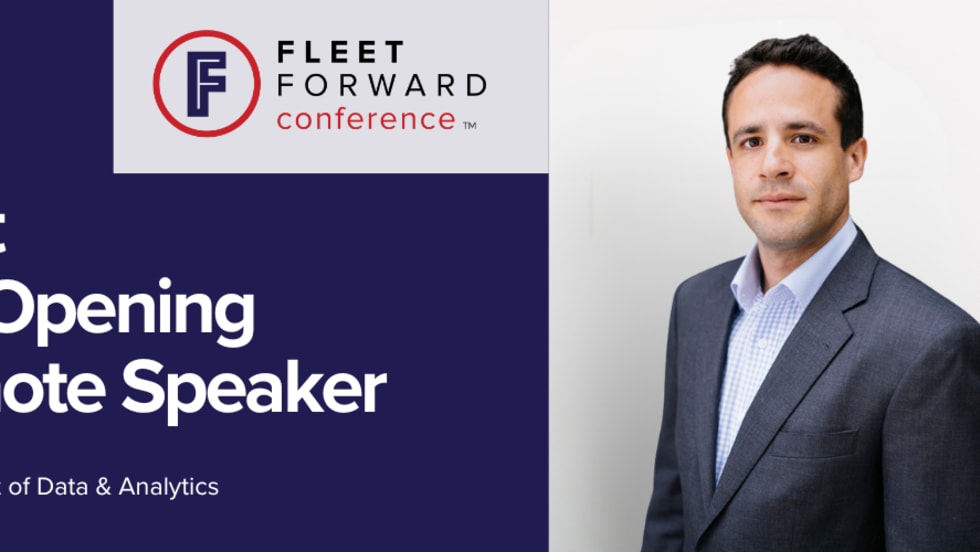 Graphic announcing Mike Branch of Geotab as the opening keynote speaker at the Fleet Forward Conference.