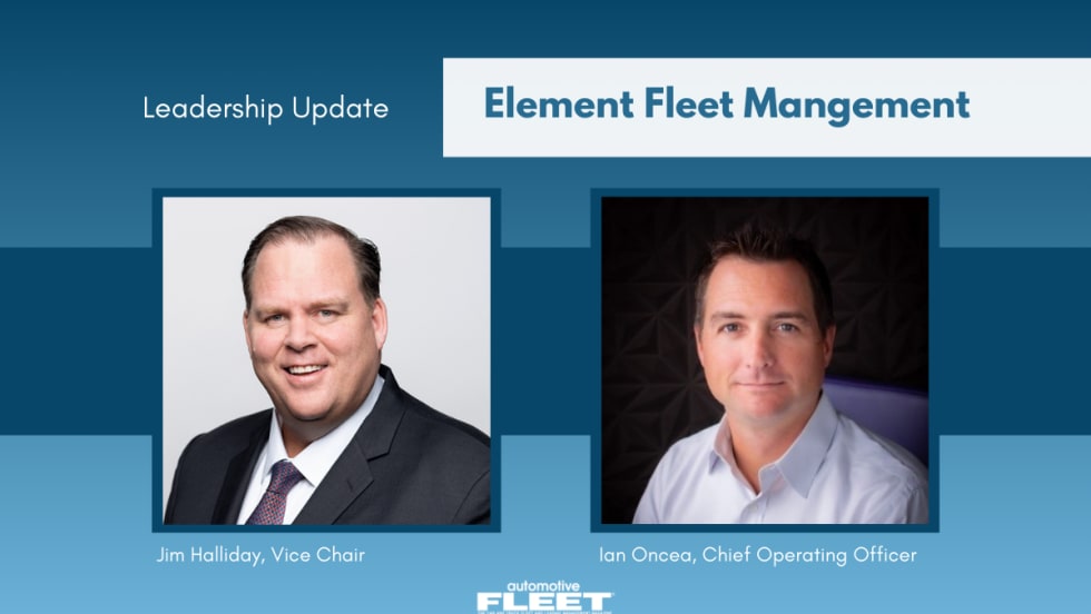 A blue graphic with information announcing Jim Halliday as the new Vice Chair of Element Fleet Management and Ian Oncea as the new COO.