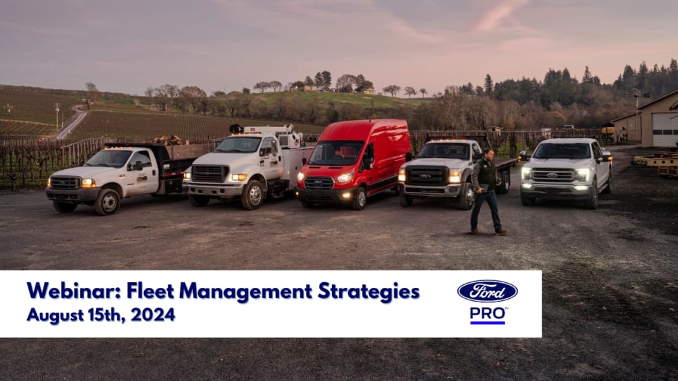 A lineup of Ford vehicles with text reading "Webinar: Fleet Management Strategies, August 15th, 2024". 