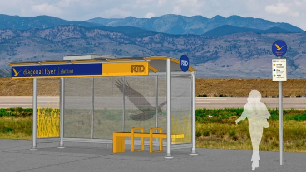 Rendering of a RTD Bus Rapid Transit service stop branded with the Diagonal Flyer design.