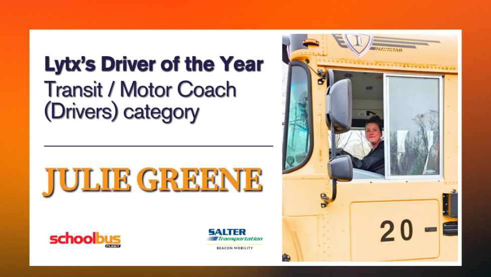 A graphic announcing Julie Green as the award winner with a picture of her in the driver's seat of a school bus.