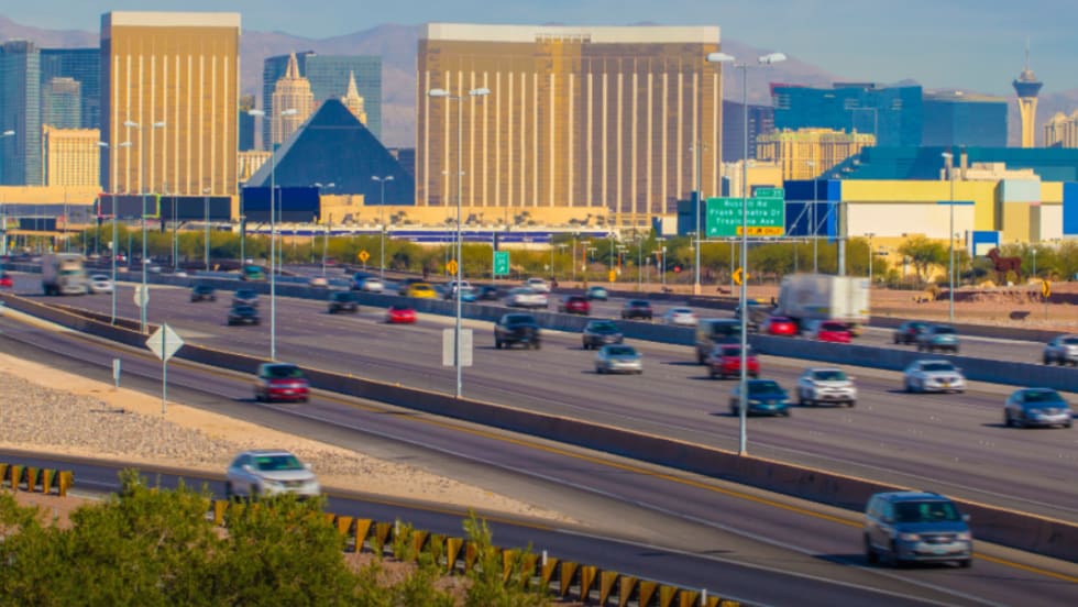 A highway with traveling cars in Las Vegas, Nevada.