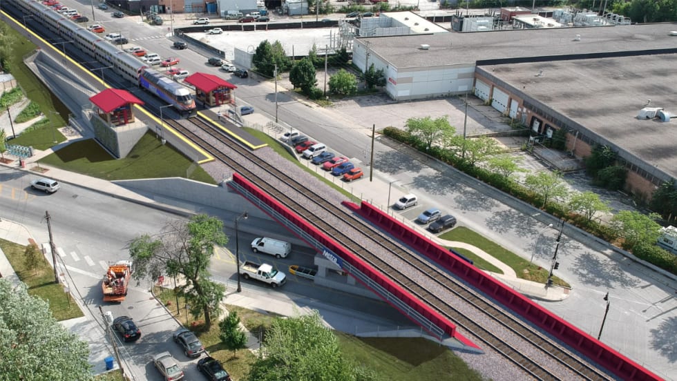Aerial view of the new Metra Grayland Station and bridge.