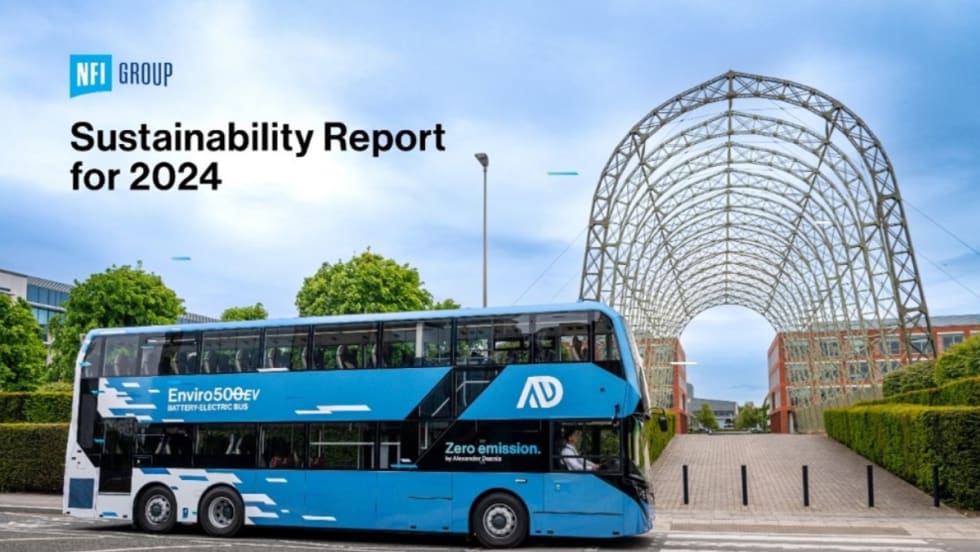 A blue double-decker bus with text reading "Sustainability Report for 2024".