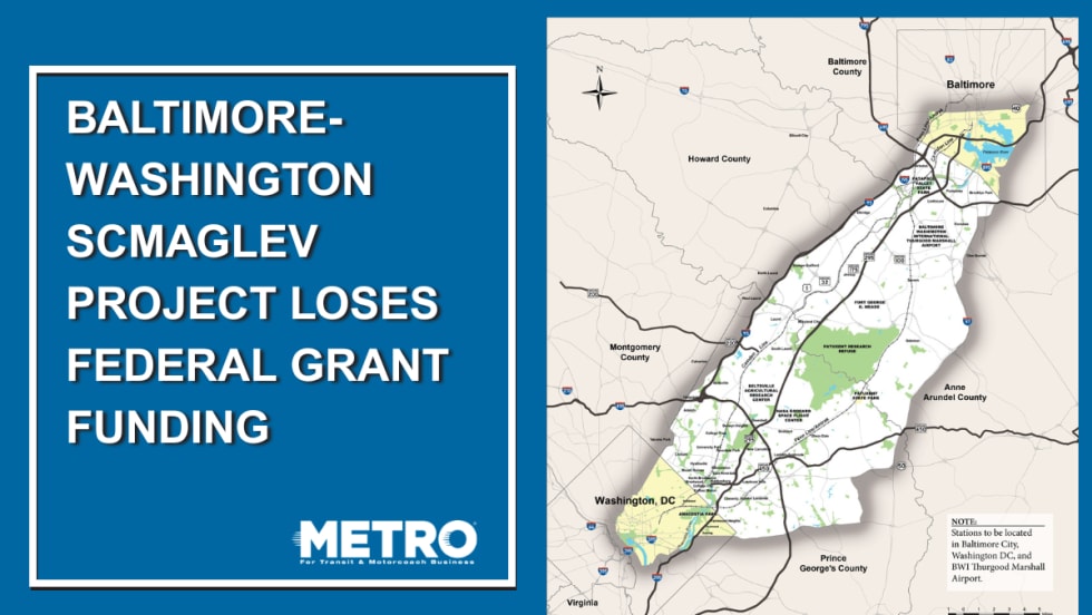 A blue and white graphic with a map of the SCMAGLEV study area in between Baltimore and Washington D.C. 