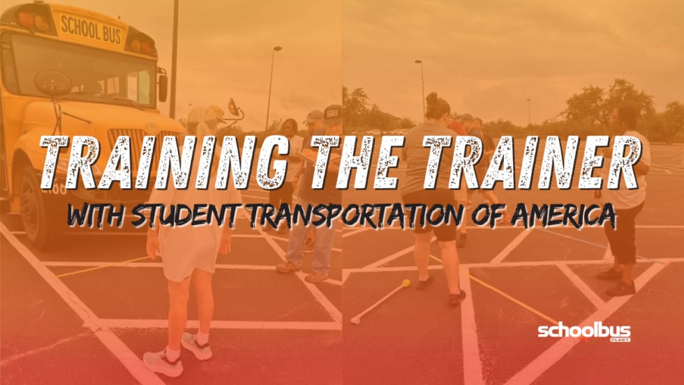 Orange overlayed images of STA training and text reading "Training the Trainer With School Transportation of America."