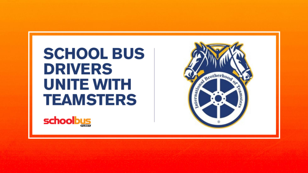An orange and white graphic with a Teamsters logo and text reading "School Bus Drivers Unite With Teamsters."