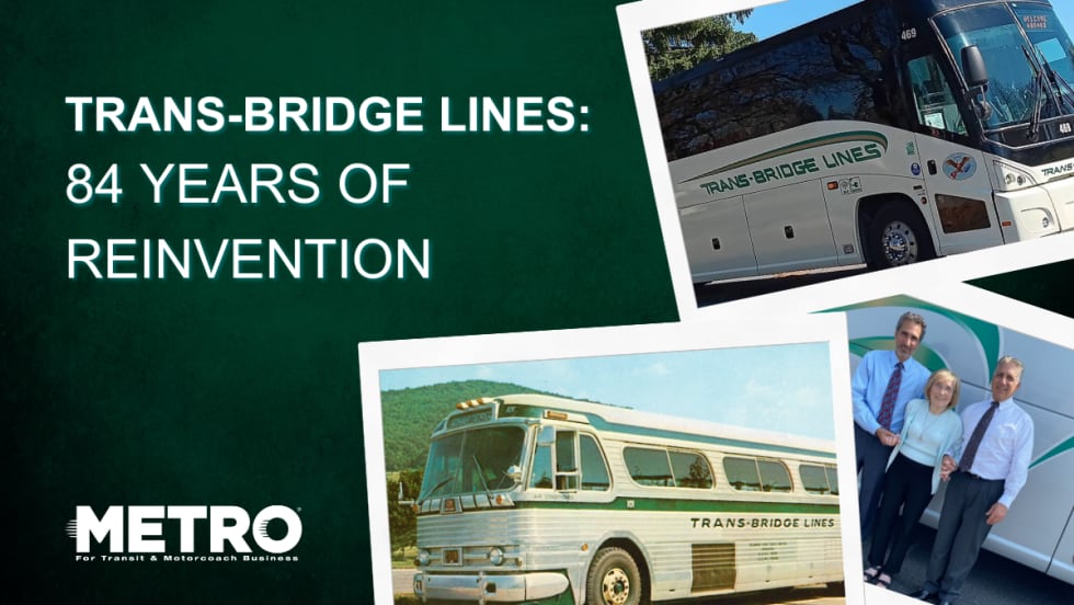 A green and white graphic with Trans-Bridge Lines historical images.