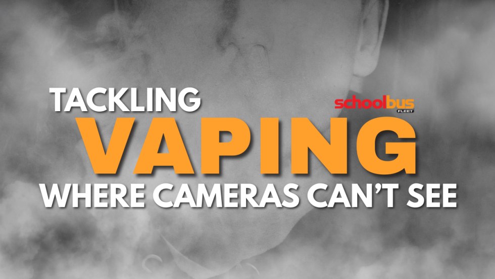 A black and gray background with smoke and text reading "Tackling Vaping Where Cameras Can't See".