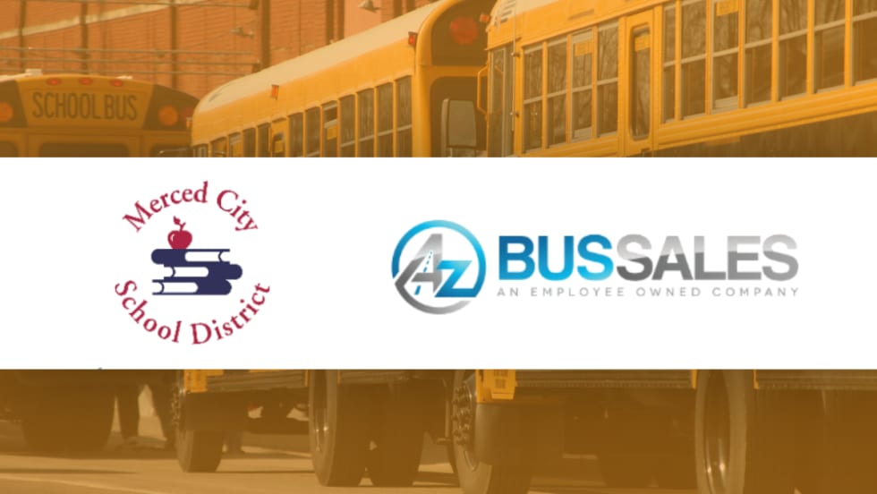Logos of Merced City School District and A-Z Bus Sales over school buses, representing a completed EV charging infrastructure project for electric school buses.