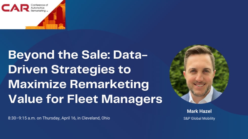 The headshot of S&P Mobility Executive Director Mark Hazel is next to a text signifying their keynote session at CAR 2026 in Cleveland, Ohio.