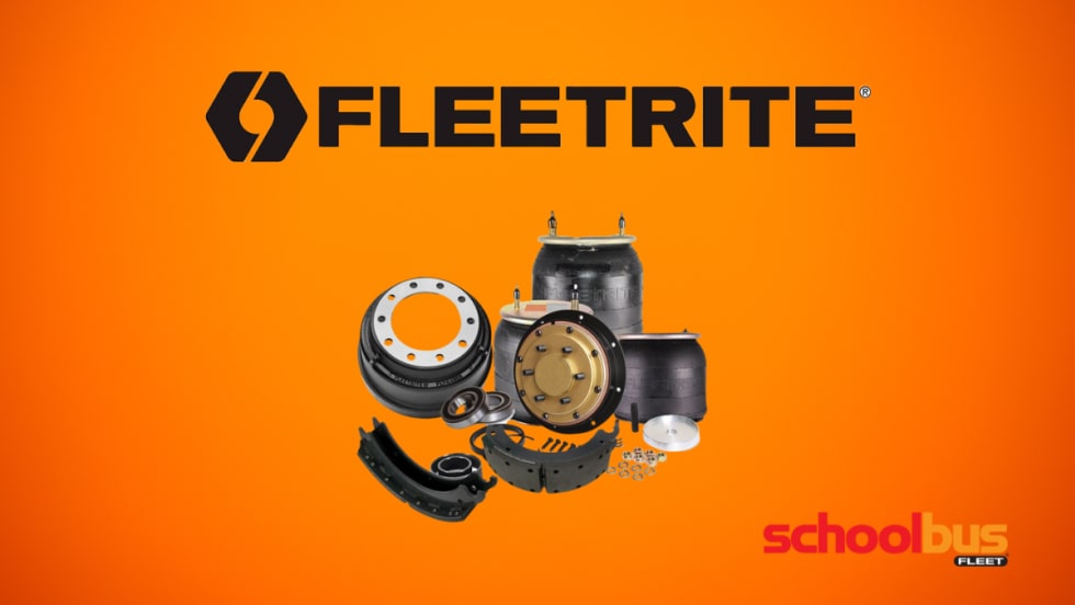 Fleetrite logo above a display of commercial truck and bus parts, including brake components and air springs, on an orange background with the School Bus Fleet logo in the corner.