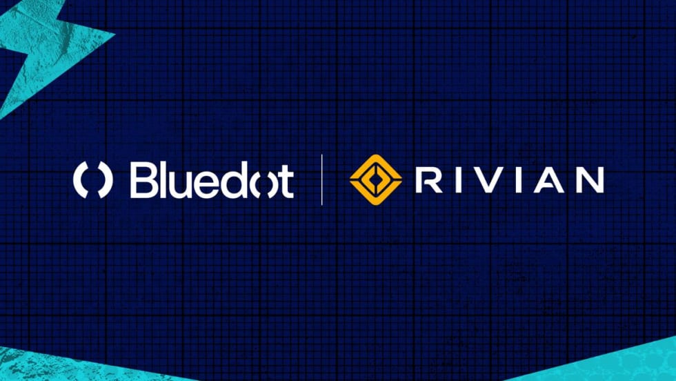 Bluedot and Rivian logo on a dark blue background. 