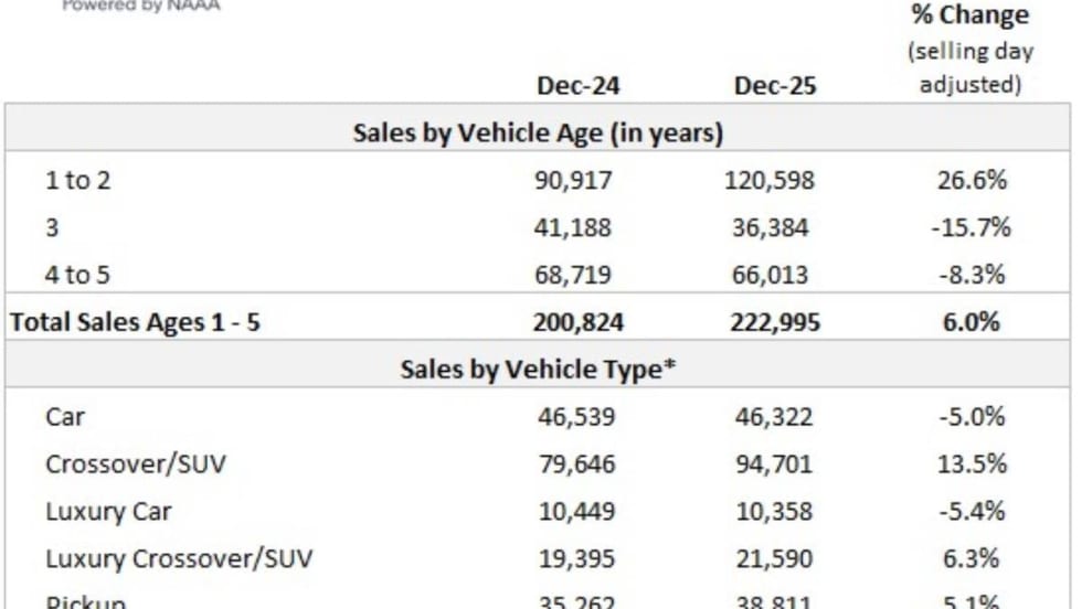 AuctionNet summary table of Dec. 25 auction vehicle sales with three columns.
