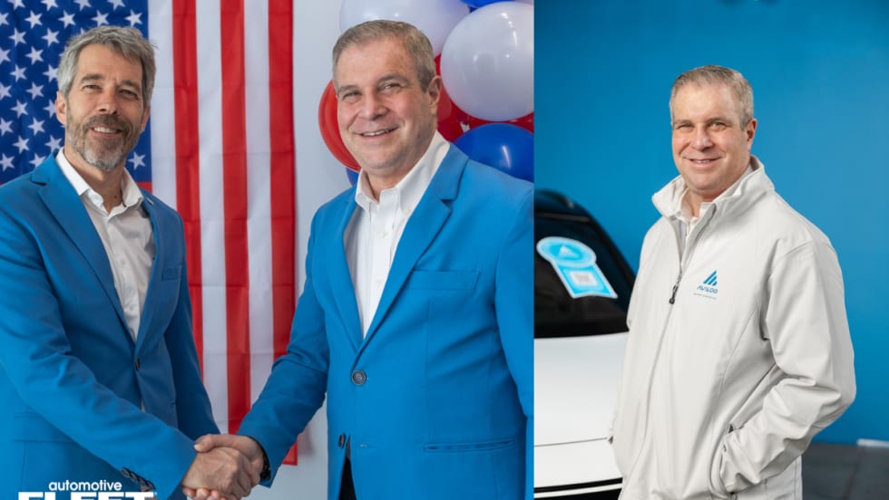 Two business leaders in blue suits shake hands in front of a U.S. flag and balloons, symbolizing AVILOO’s leadership transition and expansion in the North American EV market.