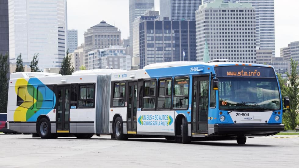A Société de transport de Montréal articulating public transit bus.