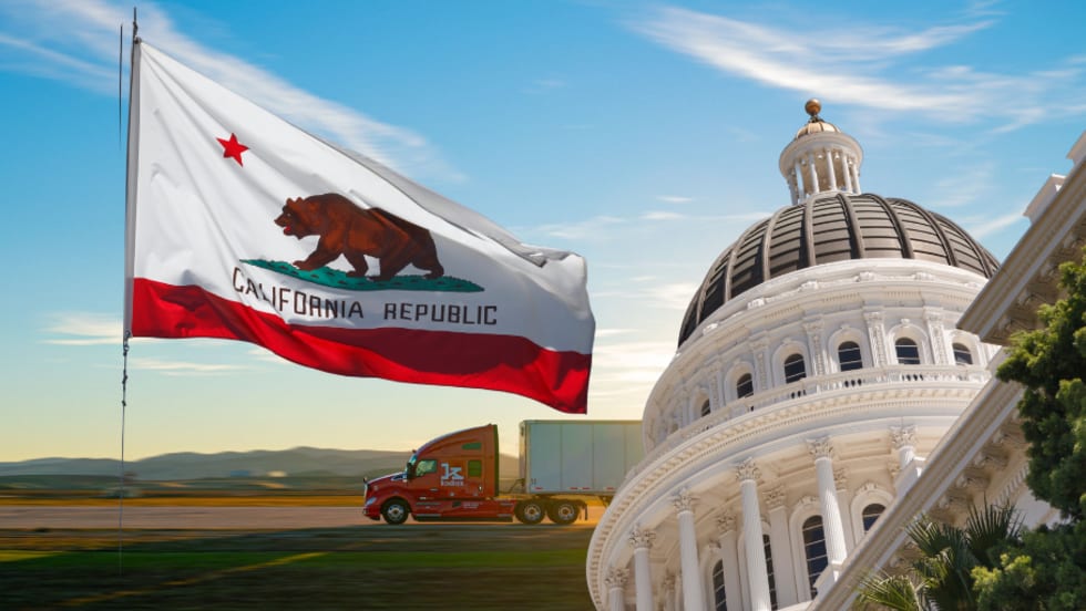 California flag with autonomous truck in background.
