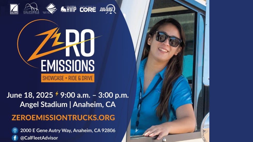 A person in a vehicle wearing sunglasses with text about the zero-emissions showcase and ride-and-drive. 