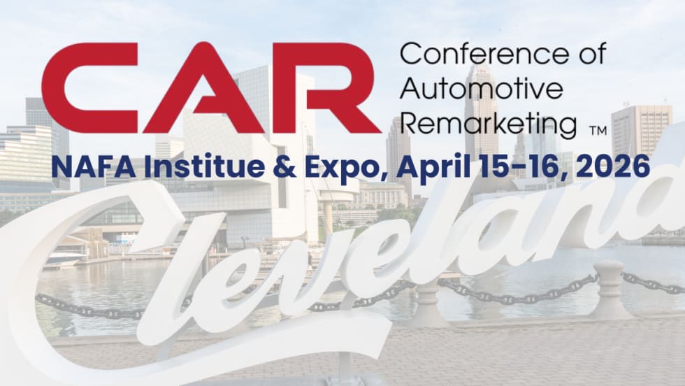 A Conference of Automotive Remarketing graphic sits on a transparent Cleveland background, highlighting the event on April 15-16.