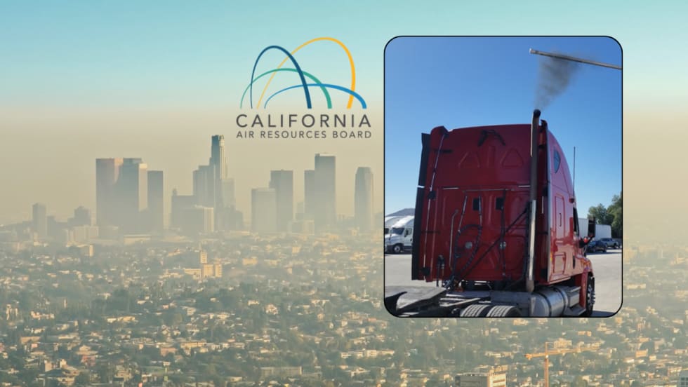Illustration of Los Angeles smog, truck exhaust smoke, and CARB logo