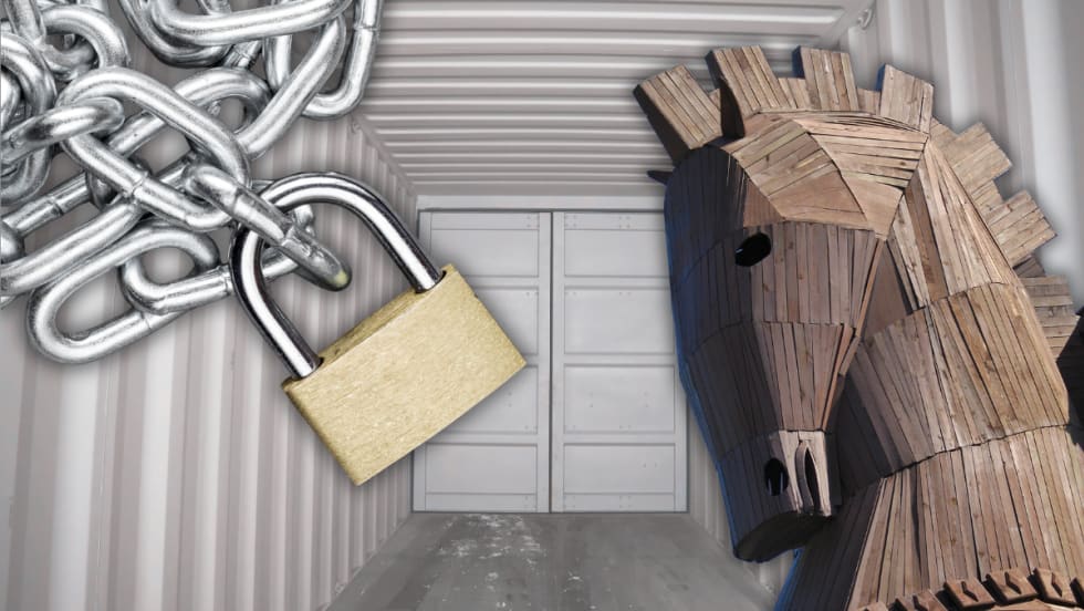 Illustration with trojan horse and lock with inside of cargo container in background