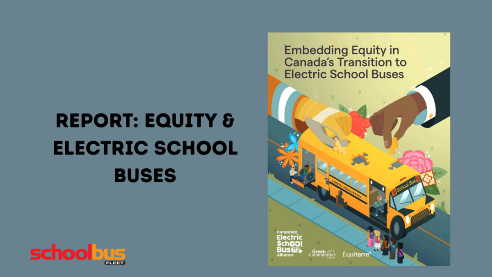Report cover: Embedding Equity in Canada’s Transition to Electric School Buses, with illustration of hands assembling a bus.