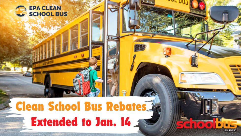 a school bus with text overlay that says "clean school bus rebates extended to Jan 14"