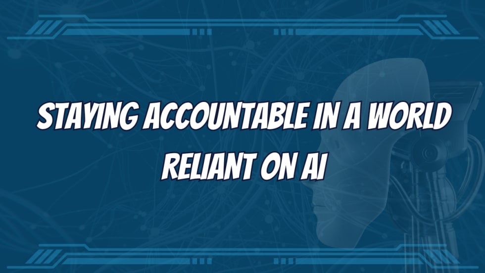A blue, futuristic graphic warns of the dangers of AI use.