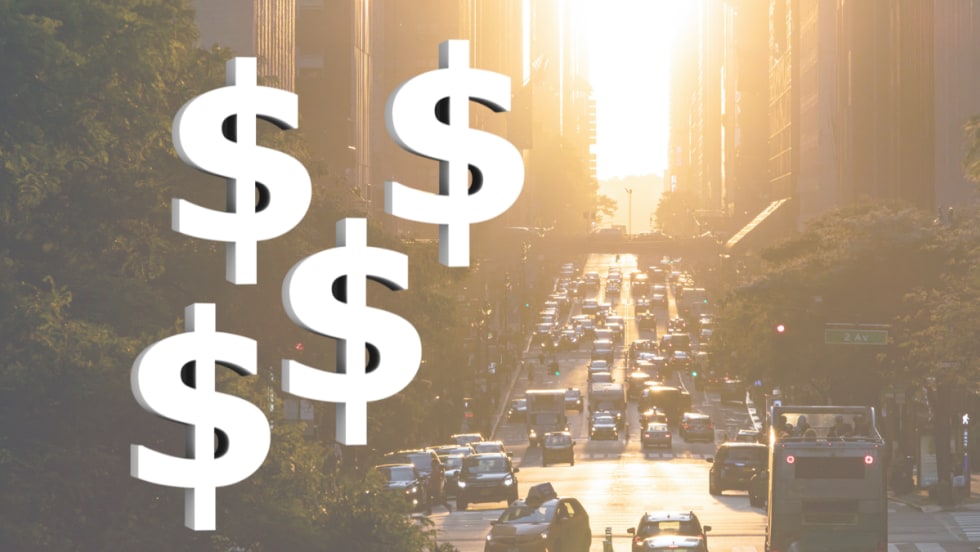 Illustration of crowded New York street overlaid with dollar signs