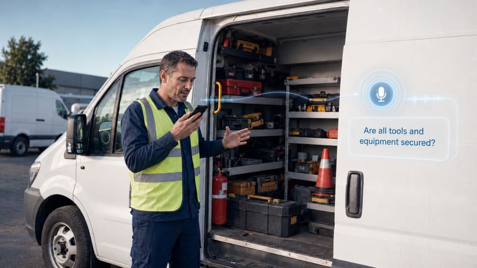 van driver conversing with AI assistant over phone