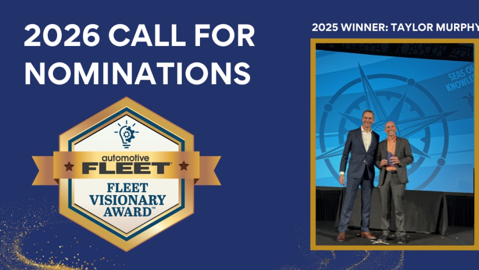 Graphic announcing 2026 Fleet Visionary Award nominations with blue background and award badge, highlighting innovation and leadership in fleet management.