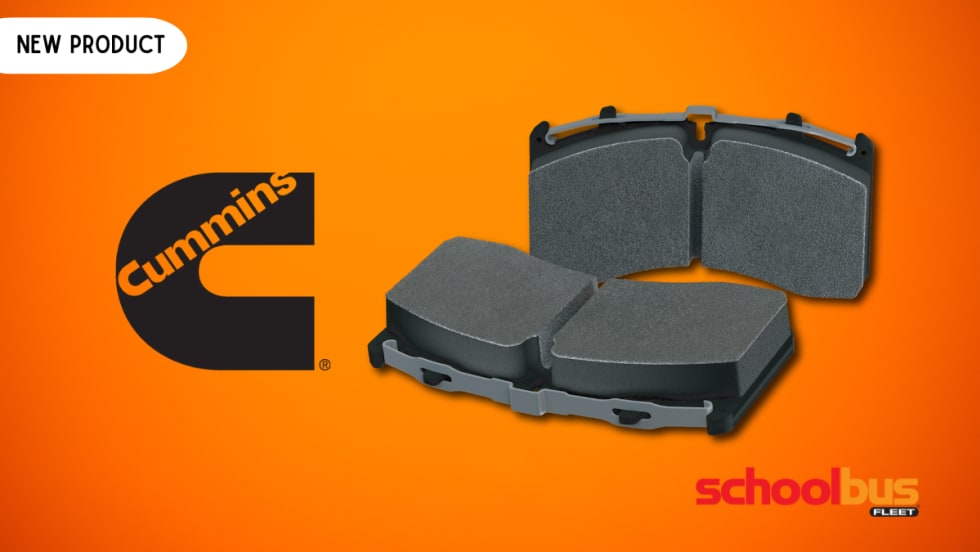 A product photo of the Meritor brake pads against an orange background and the Cummins logo