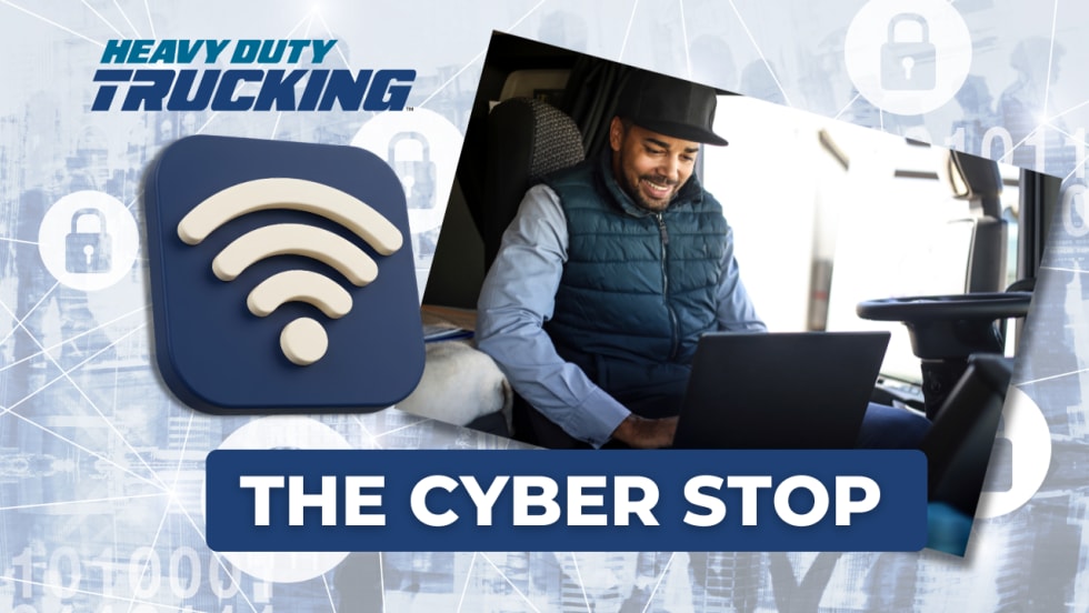 The Cyber Stop column header with photo of a smiling driver in truck with a laptop and a wi-fi icon