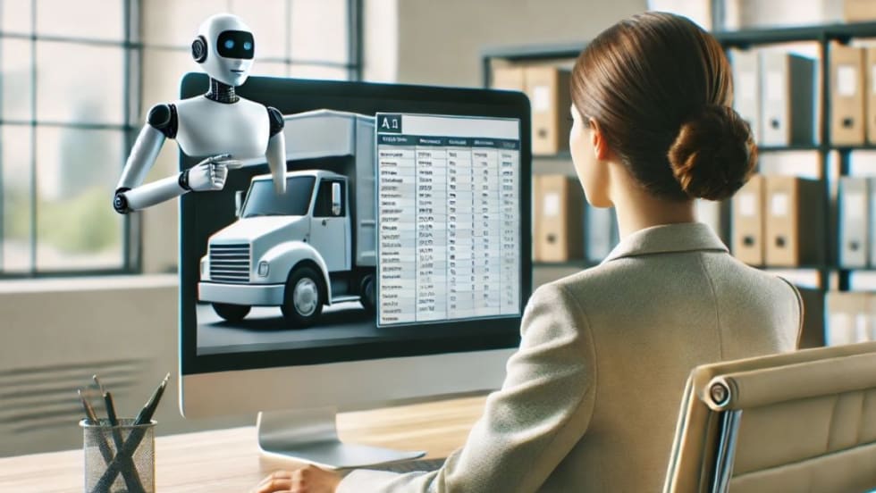 AI generated image of woman at desk with AI robot helping her. 